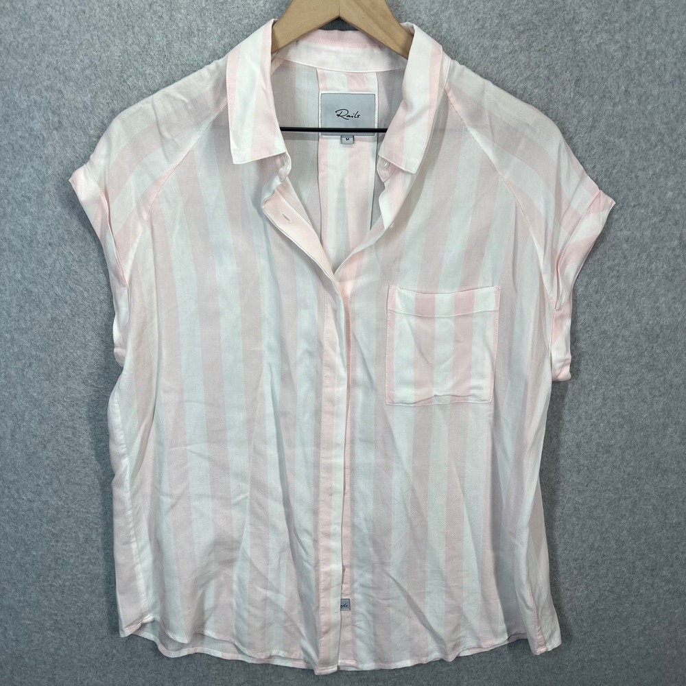 Rails Chase Button Down Shirt Womens M Pink Peony White Stripe Short Sleeve EUC